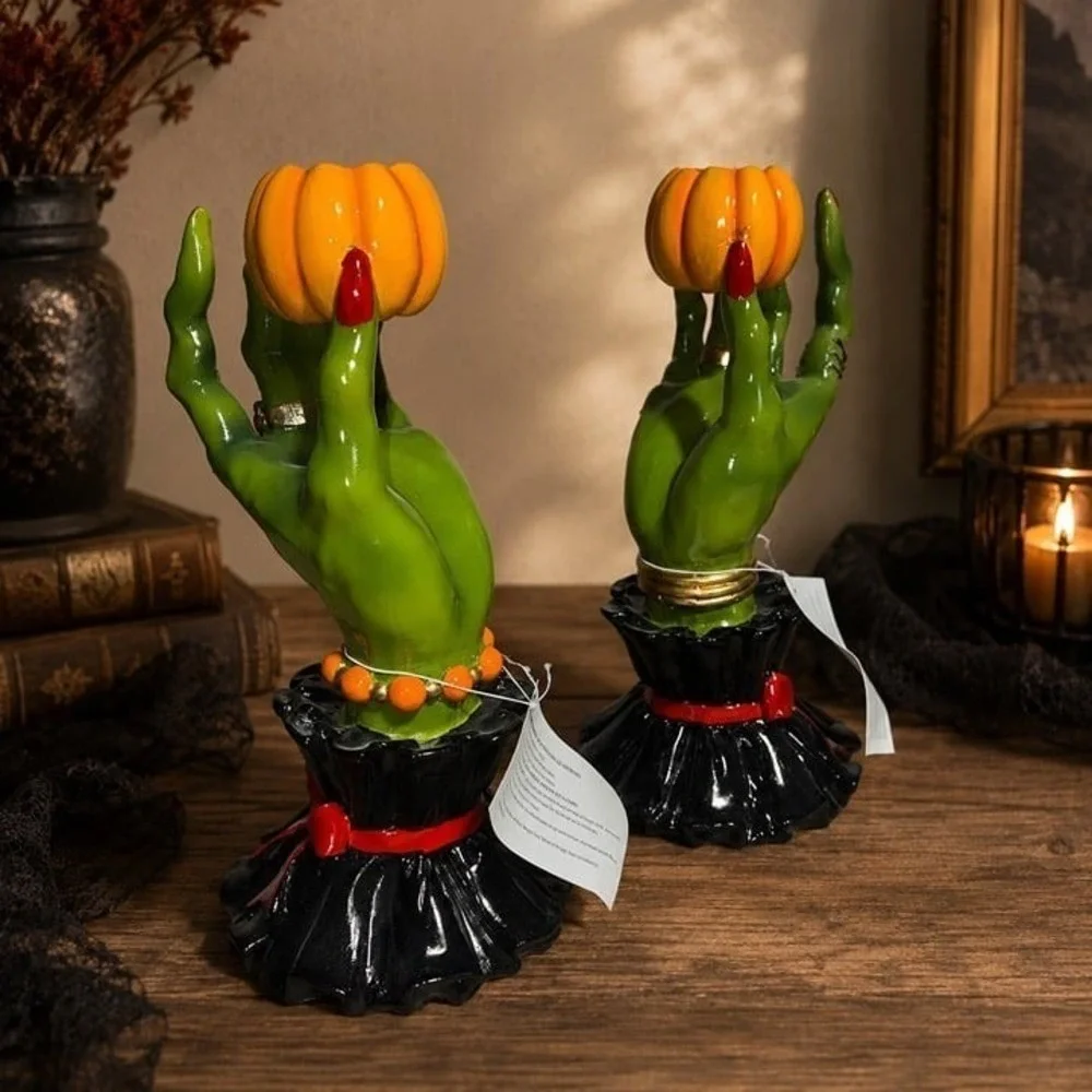 Set of 2 Green Witch Hand Pumpkin Candlestick Holders NWT